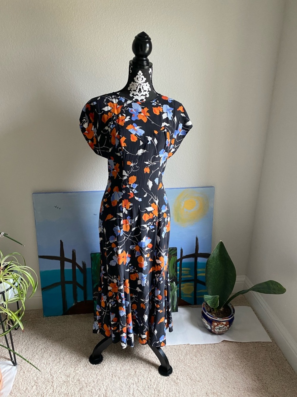 Joie Black Maxi Dress with Orange and Blue Floral Print
